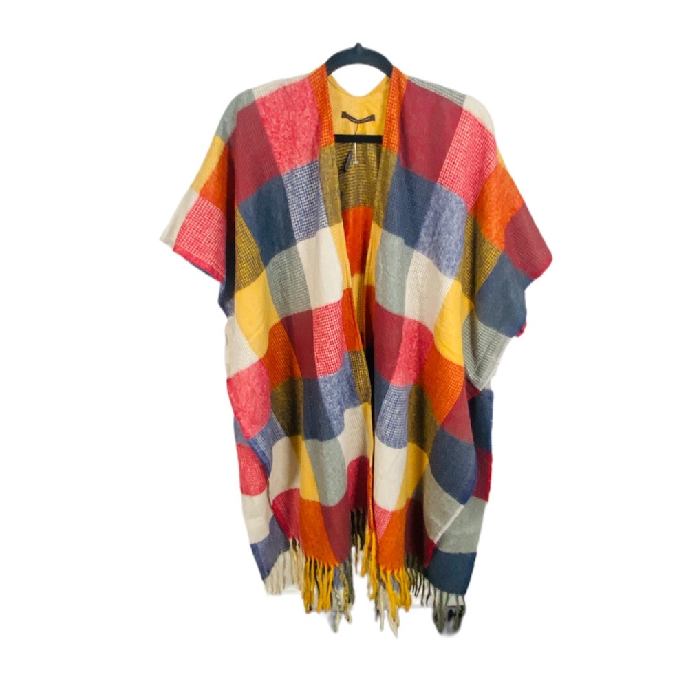 Multicolor Check Patchwork Soft Versatile Wear Poncho Cape Cloak O/S
